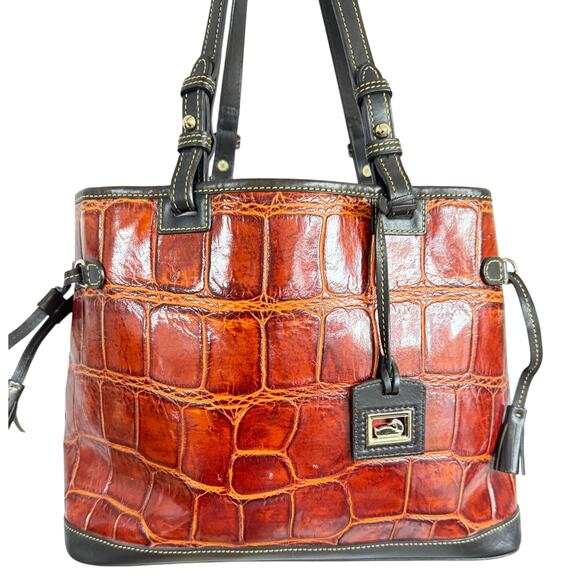 Dooney & Bourke Womens Brown Croco Embossed Leather Double Strap Tassel Bag - Picture 1 of 12